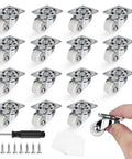 No Sweat Install Smooth As Butter 0.6 Inch Mini Caster Wheels for Furniture with chrome finish and accessories for installation.