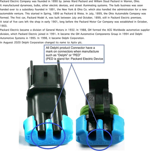 Front view of Metri Pack 280 Series 2 way waterproof connector kit showing seals and terminals for auto and marine wiring.