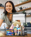 Smiling woman using an Outdoor Grill Caddy With Paper Towel Holder And Utensil Organizer on a kitchen counter