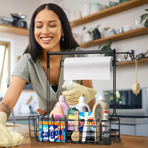 Smiling woman using an Outdoor Grill Caddy With Paper Towel Holder And Utensil Organizer on a kitchen counter