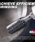 AlCrN Coated Carbide Rotary Burr Bit SB Five Double Cut For Die Grinder One Quarter Inch Shank Two And Three Quarter Inches Total Length Cylinder End Cut For Hard Metal Working Pro Kit in use on metal.