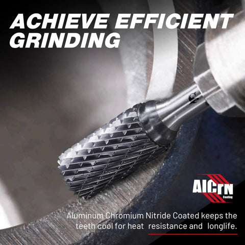 AlCrN Coated Carbide Rotary Burr Bit SB Five Double Cut For Die Grinder One Quarter Inch Shank Two And Three Quarter Inches Total Length Cylinder End Cut For Hard Metal Working Pro Kit in use on metal.