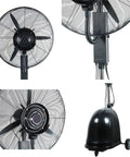 Floorstand Mist Fan With Oscillating Head And Adjustable Height featuring four angles, with black metal fan blades and base.