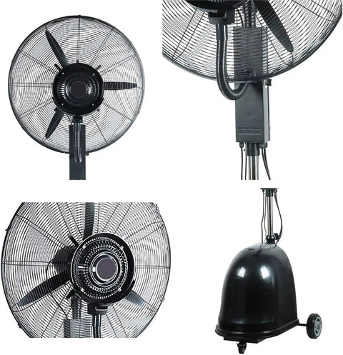 Floorstand Mist Fan With Oscillating Head And Adjustable Height featuring four angles, with black metal fan blades and base.