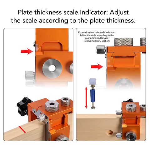 Double Hole Positioning Locator Drill Guide Jig With Adjustable Clamping For 15-25mm Board Thickness And 20-33mm Connector Length on wood.