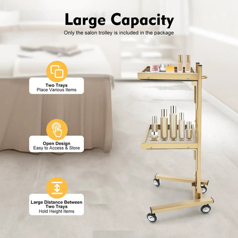Gold Stainless Steel Salon Rolling Cart Two Tier With Durable Wheels For Hair Studio Equipment showing two shelves with bottles