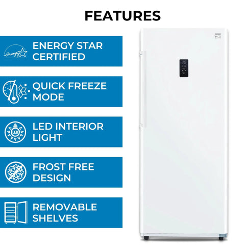 Built Tough 17 Cubic Foot Upright Convertible Fridge And Freezer With Auto Defrost Garage Ready Design features LED light and quick freeze mode.