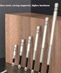 Front view: 6-piece high-magnetic screwdriver drill bit set with knurled ends, 25–150mm, silver metal