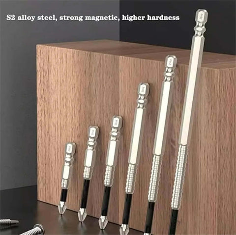 Front view: 6-piece high-magnetic screwdriver drill bit set with knurled ends, 25–150mm, silver metal