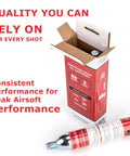 Top Shelf 88 Gram CO2 Cartridges For Paintball Guns Pellet Guns BB Guns And Airsoft With M16 x 1.5 Threaded Fitting Delivers Consistent Gas Every Time 2 Pack in opened cardboard box with cartridge beside it.