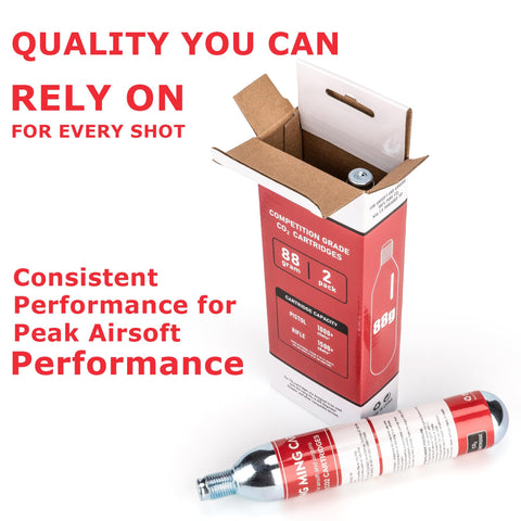 Top Shelf 88 Gram CO2 Cartridges For Paintball Guns Pellet Guns BB Guns And Airsoft With M16 x 1.5 Threaded Fitting Delivers Consistent Gas Every Time 2 Pack in opened cardboard box with cartridge beside it.