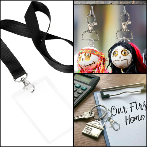 50 Piece Rock Solid Zinc Alloy Keychain Clips And D Ring Lanyard Hooks With Swivel Lobster Clasps Rust Proof Hardware displayed with lanyard and crafts.