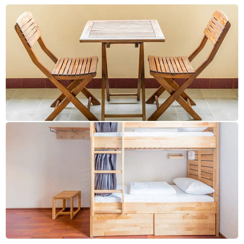 Wooden folding chairs and table for dining, also showing a bunk bed setup with a wooden stool.