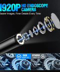 HD Endoscope Camera With Light For Tight Spaces 16.4ft Wiring Harness 7.9mm Slim Probe 1920P Borescope Inspection Camera With 8 Adjustable LEDs IP67 Waterproof Plug And Play For Pipes And Engines, 1920P lens detail