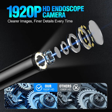 HD Endoscope Camera With Light For Tight Spaces 16.4ft Wiring Harness 7.9mm Slim Probe 1920P Borescope Inspection Camera With 8 Adjustable LEDs IP67 Waterproof Plug And Play For Pipes And Engines, 1920P lens detail