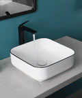 White Square Vessel Sink With Black Trim 15-Inch Above Counter Sink Pop Up Drain Modern European Style Bathroom Vanity Bowl
