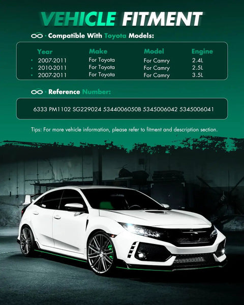 Vehicle fitment chart for Toyota models, compatible with Camry 2007-2011, showing engine types and reference numbers.