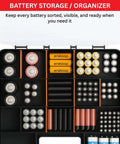 Top view of battery storage organizer with various batteries neatly sorted into compartments