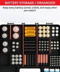 Battery storage organizer with multiple compartments holding various battery sizes, black case with visible latch and batteries.