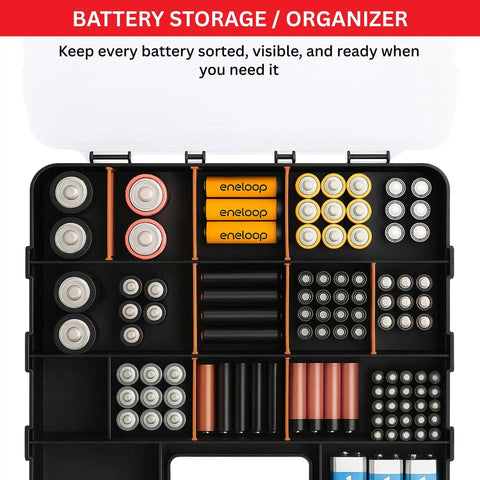Battery storage organizer with multiple compartments holding various battery sizes, black case with visible latch and batteries.