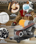 Mini Belt Sander Machine Tool With Polishing And Grinding Wheels Adjustable Worktable for woodworking and metal tasks.