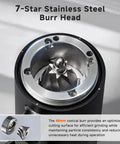Close-up of 7-star stainless steel burr head of Premium Electric Coffee Grinder With 48MM Conical Burrs for consistent grounds.