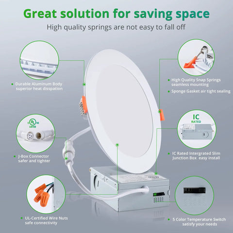 Infographic highlighting features of the 24 Pack 6 Inch Recessed LED Lighting Kit With 5 Color Temperatures 2700K To 6000K Dimmable 1100 Lumens