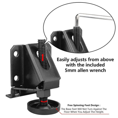 Heavy Duty Adjustable Table Leg Levelers Set Of 4 For Workbenches Desks And Cabinets With Rotating Height Screw Adjustment And Wide Base To Prevent Scratches And Slips On Uneven Floors, black steel leveler with 5mm allen wrench