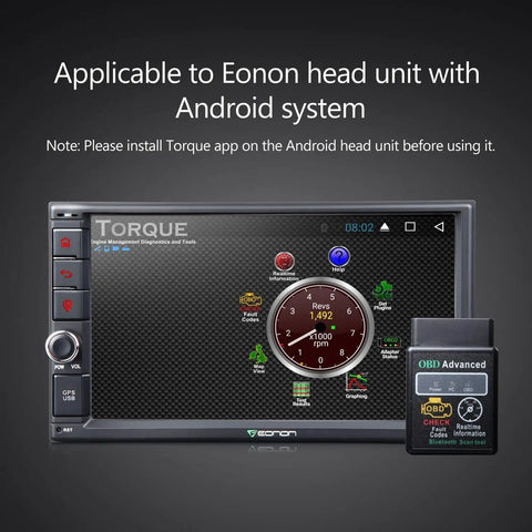 OBD2 Bluetooth Diagnostic Scanner with Android car stereo display showing RPM and other metrics for head units.