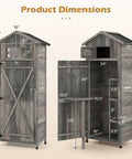 Outdoor Wooden Storage Shed With Tall Vertical Tool Cabinet Folding Table And Removable Shelves For Your Patio Deck Backyard And Lawn Grey Finish 30x20x70 Inches dimensions view