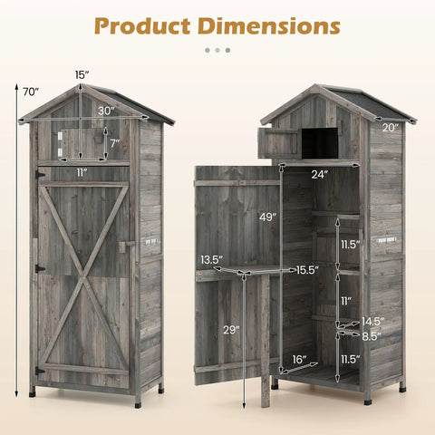 Outdoor Wooden Storage Shed With Tall Vertical Tool Cabinet Folding Table And Removable Shelves For Your Patio Deck Backyard And Lawn Grey Finish 30x20x70 Inches dimensions view