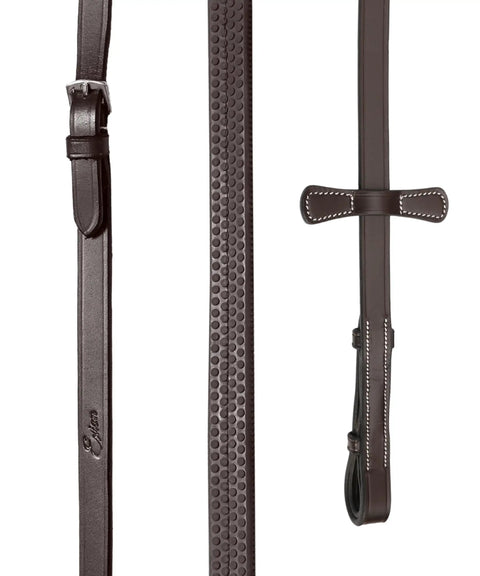 Close view of Anatomic English Bridle With Padded Fancy Leather And Rubber Reins Poll Relief Crownpiece For Show Jumping And Eventing Ergonomic.
