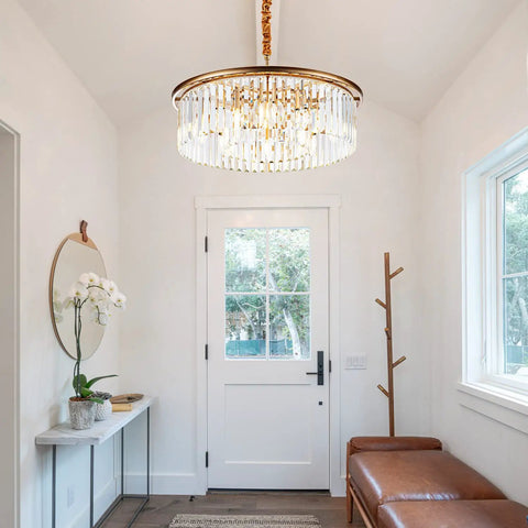 23 Inch 8 Light Modern Crystal Chandelier With Dual Gold Rings, Luxury Round Hanging Pendant Lighting in a bright entryway