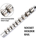 Socket holder rail with interchangeable steel clips, designed for Low Profile Impact Triple Square Socket Set, M4-M18, 9-Piece.