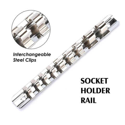Socket holder rail with interchangeable steel clips, designed for Low Profile Impact Triple Square Socket Set, M4-M18, 9-Piece.