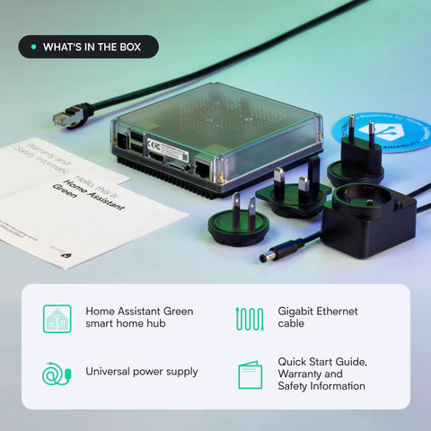 Green Smart Home Hub With Advanced Automation Official Hardware For Seamless Smart Home Control displayed with accessories and cables.