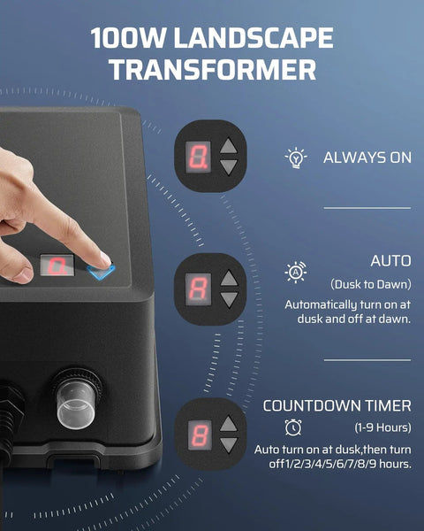 Person adjusting 100W Low Voltage Landscape Transformer With Photocell Sensor For Dusk To Dawn Outdoor LED Lighting settings.