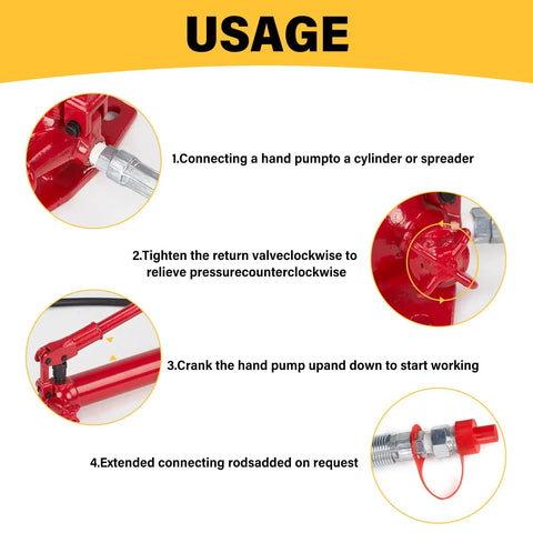 Industrial Grade 10 Ton Hydraulic porta power pack usage instructions for connecting and using hand pump with chrome plunger.