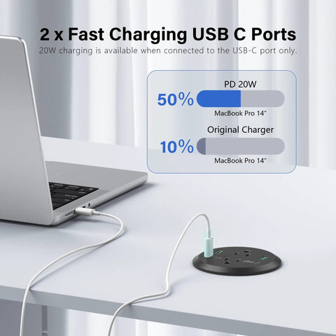 Top Shelf Three Inch Flush Mount Desktop Power Grommet With Two AC Outlets And Four USB Ports Featuring PD 20W Fast Charge Plus A Six Foot Cord connected to a laptop on a desk.