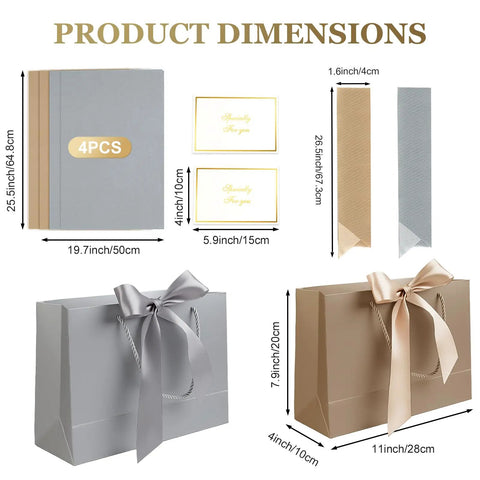 Two Large Gift Bags Set with two color ribbons, two greeting cards, four sheets tissue paper displayed with dimensions