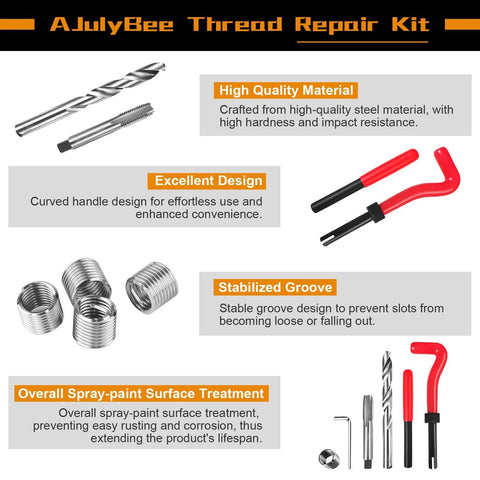 Helicoil Thread Repair Kit with installation tool, twist drill, tap, thread inserts, hex keys for metric and SAE rethreading