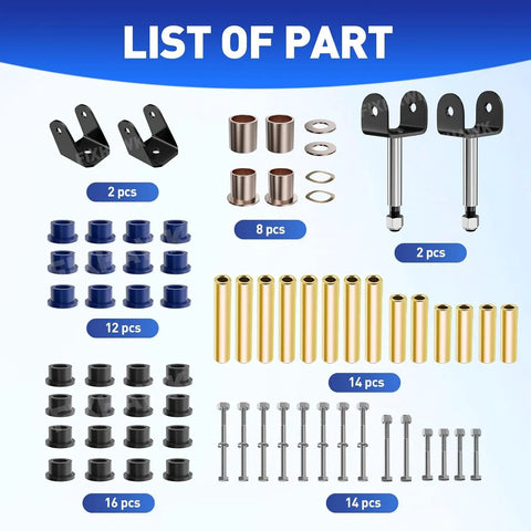 Big Time Polyurethane Front End Repair Bushing Kit For Club Car Ds Golf Cart 1993 Up contains 60 pieces of durable hardware.