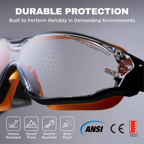 Close-up of All Day Comfy Lab Safety Goggles With Anti Fog Clear Lens And UV Protection, showing side view details.