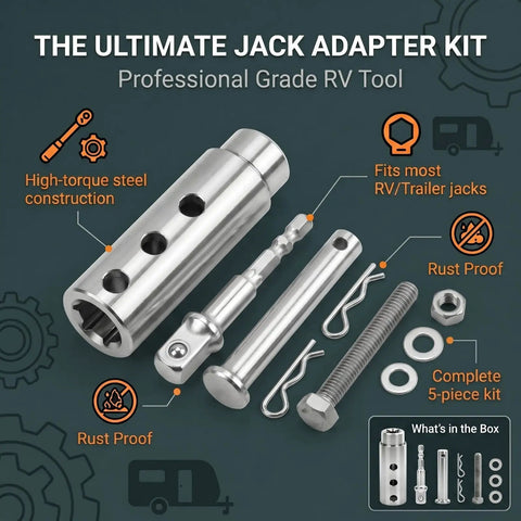 Heavy Duty 1 Inch Trailer Jack Drill Adapter Stainless Steel 1/2 Inch Socket Bit for RV and Dump Trailers complete 5-piece kit