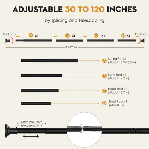 Diagram of black long shower curtain rod tension bar 30 to 120 inch adjustable spring heavy duty no drill stainless steel design.
