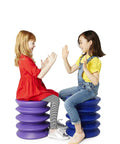 Two kids playing patty-cake on purple stools. Active Sitting Stool for Kids Ergonomic Wiggle Friendly Desk Chair Designed to Boost Focus
