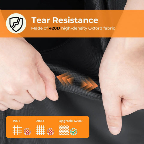 Close-up of hands demonstrating tear resistance of All Weather 6 Ft Picnic Table Cover With Waterproof 420D Oxford Cloth Heavy Duty Windproof UV Protection Adjustable Straps And Air Vent Fits 70 And 72 Inch Outdoor Tables Black