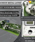 Front view of EQCOTWEA 8x30 inch double-chuck metal lathe with green frame, chuck and tool post.