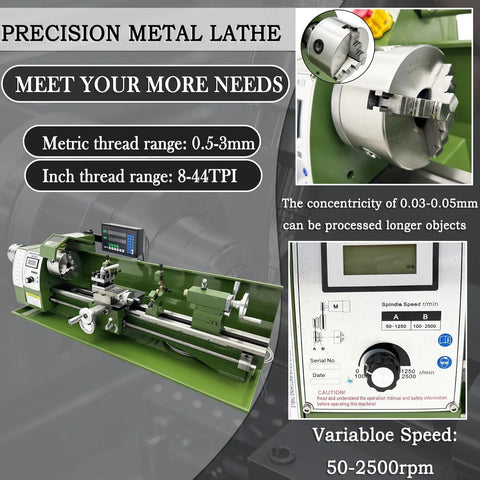 Front view of EQCOTWEA 8x30 inch double-chuck metal lathe with green frame, chuck and tool post.