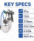 Zero Hassle Dual Nozzle Paint Sprayer With 1.3Mm Chrome Nozzle, Pressure Feed Design Loaded With Two Capacious Jugs, Delivers Smooth As Glass Finishes On Auto Panels And Woodwork Every Time.